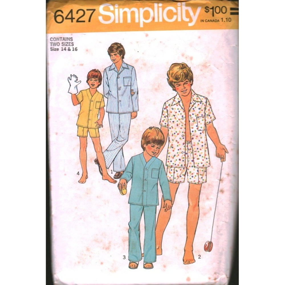 Vintage Simplicity 6427 Boys Teen Pajamas Sewing‎ Pattern Size 14 16 Retro 70s